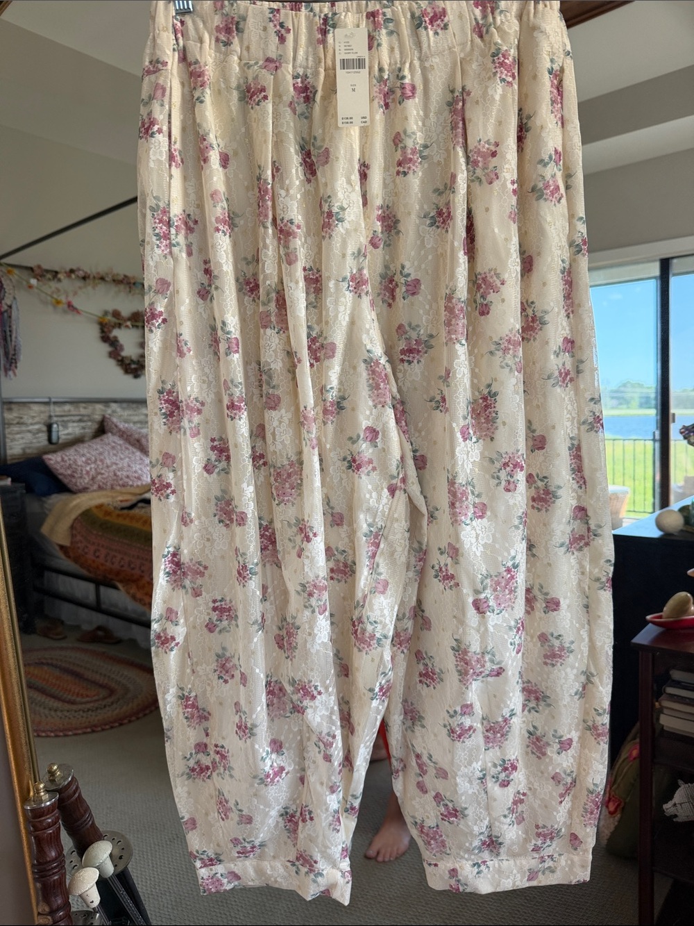 Maeve Cream Balloon Pants with Pink Rose Print